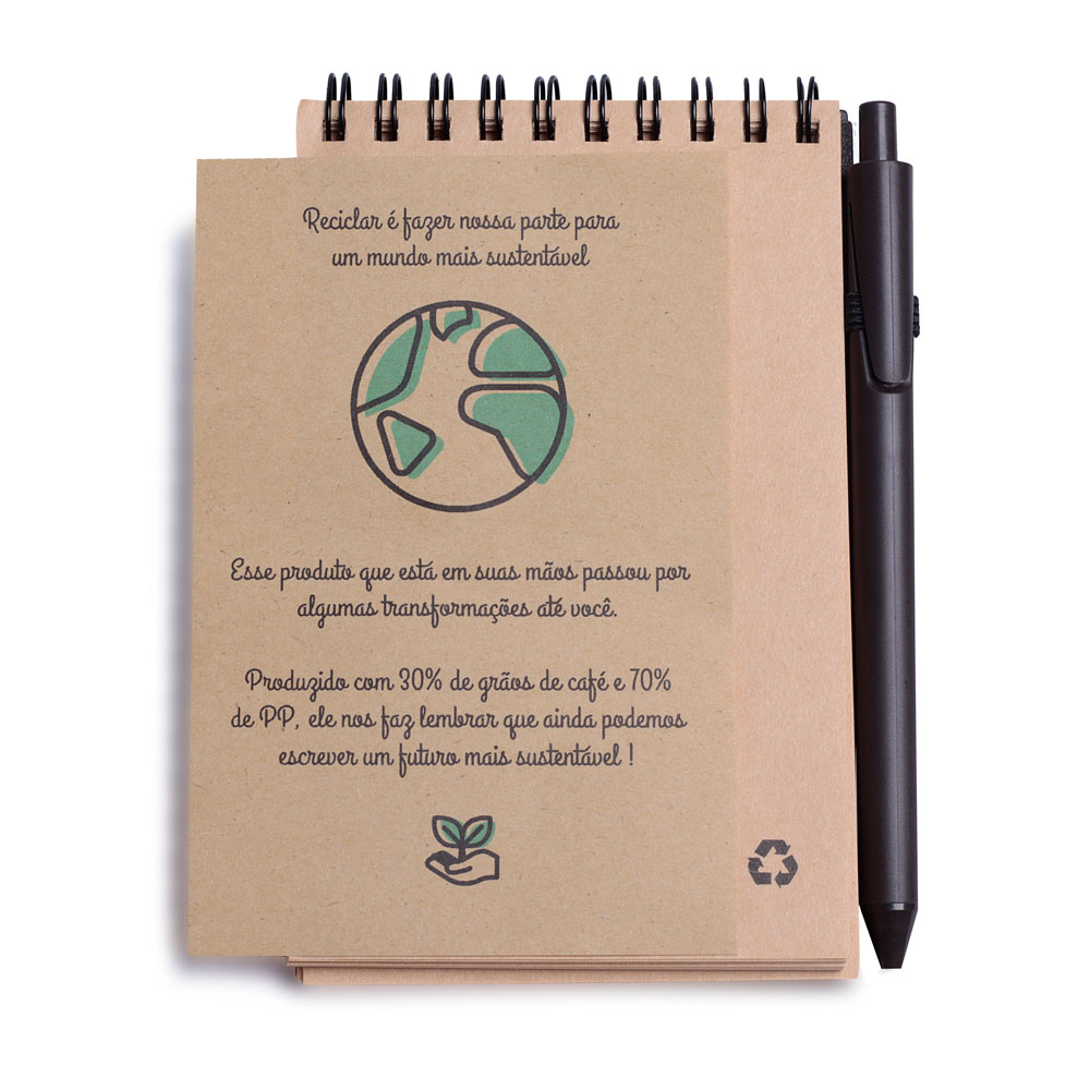 Bloco de Anotações 14 x 9 cm com Capa de Grãos de Café e Caneta Personalizado