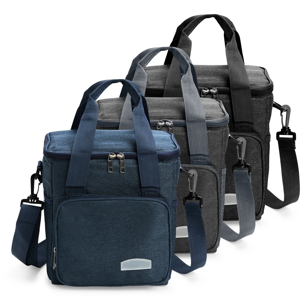 Bolsa térmica Personalizada 11 litros em Oxford resistente à água com alça transversal, bolsos externos e fechamento em zíper