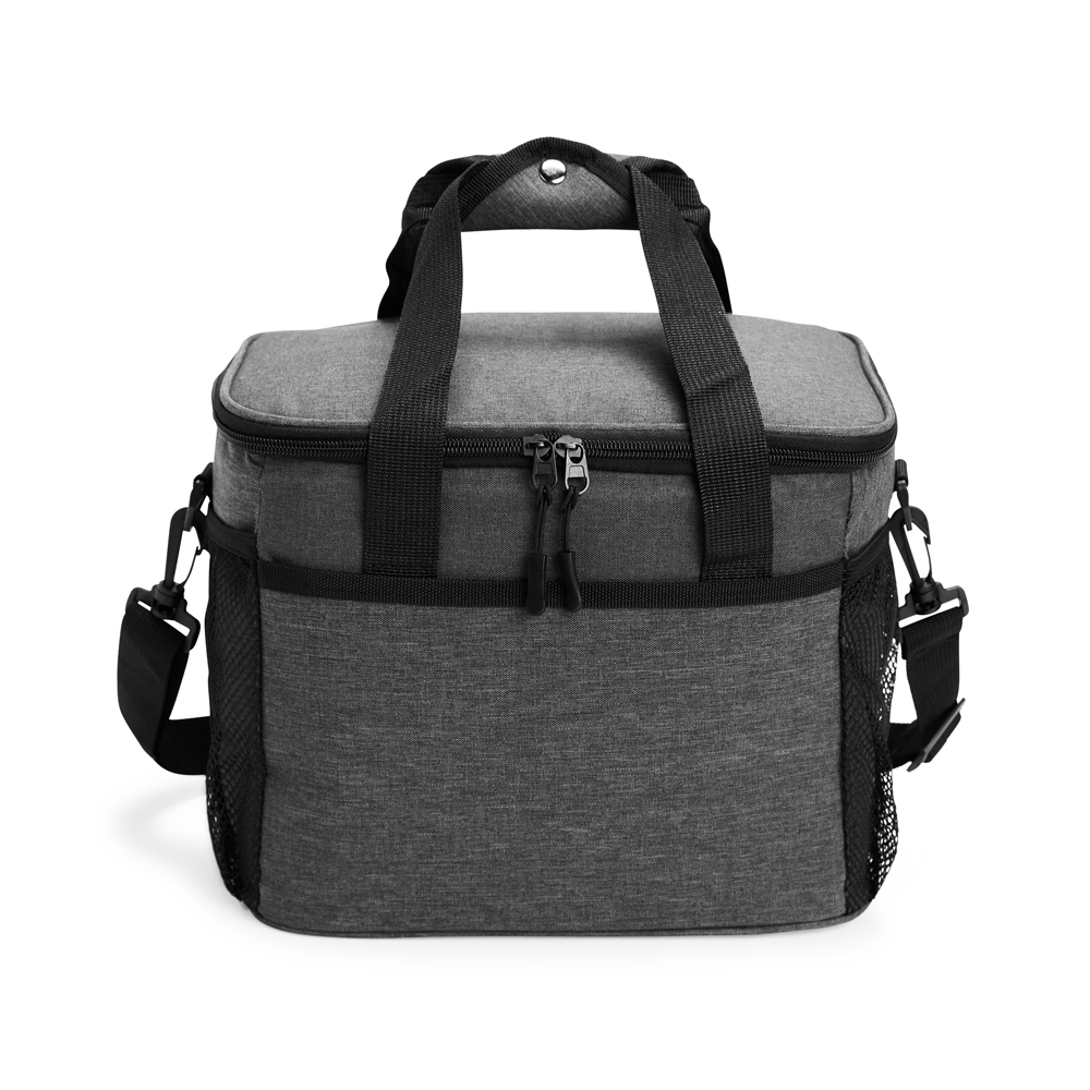 Bolsa térmica Personalizada 14 litros em nylon com revestimento antivazamento, bolsos laterais em malha e alça transversal