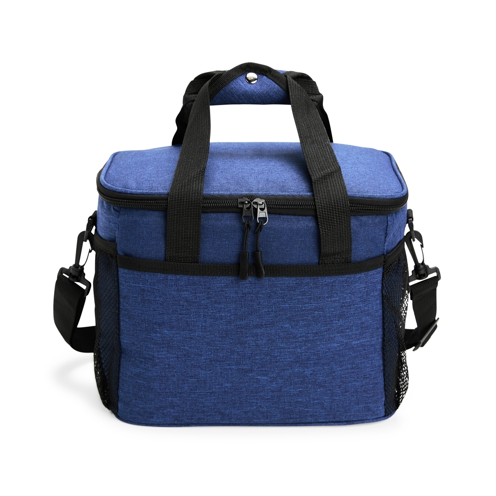 Bolsa térmica Personalizada 14 litros em nylon com revestimento antivazamento, bolsos laterais em malha e alça transversal