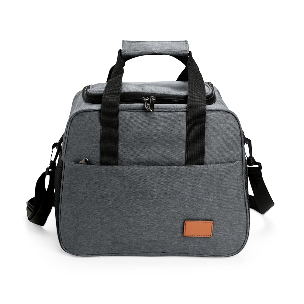 Bolsa térmica Personalizada 20 litros em Oxford com revestimento em PEVA, bolsos laterais, alça regulável e fechamento em zíper