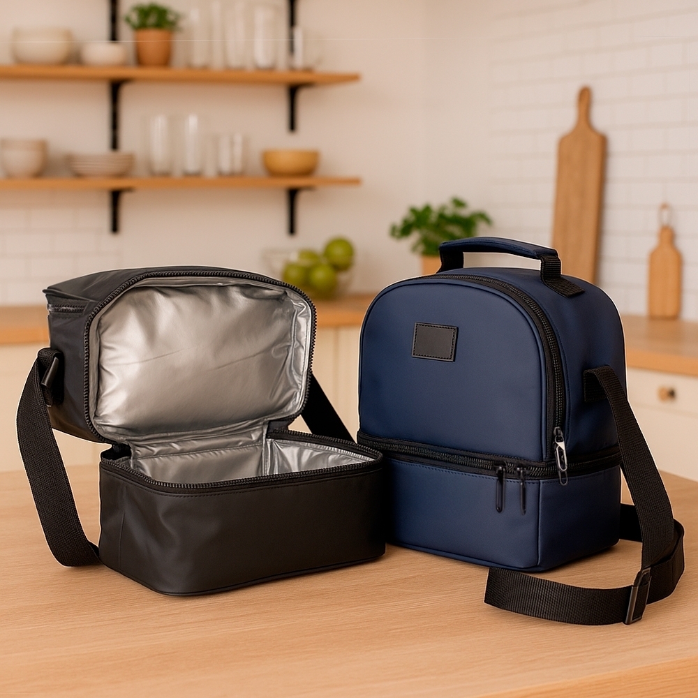 Bolsa térmica Personalizada 7 litros com dois compartimentos em poliéster mesclado com PVC impermeável e revestimento em PEVA