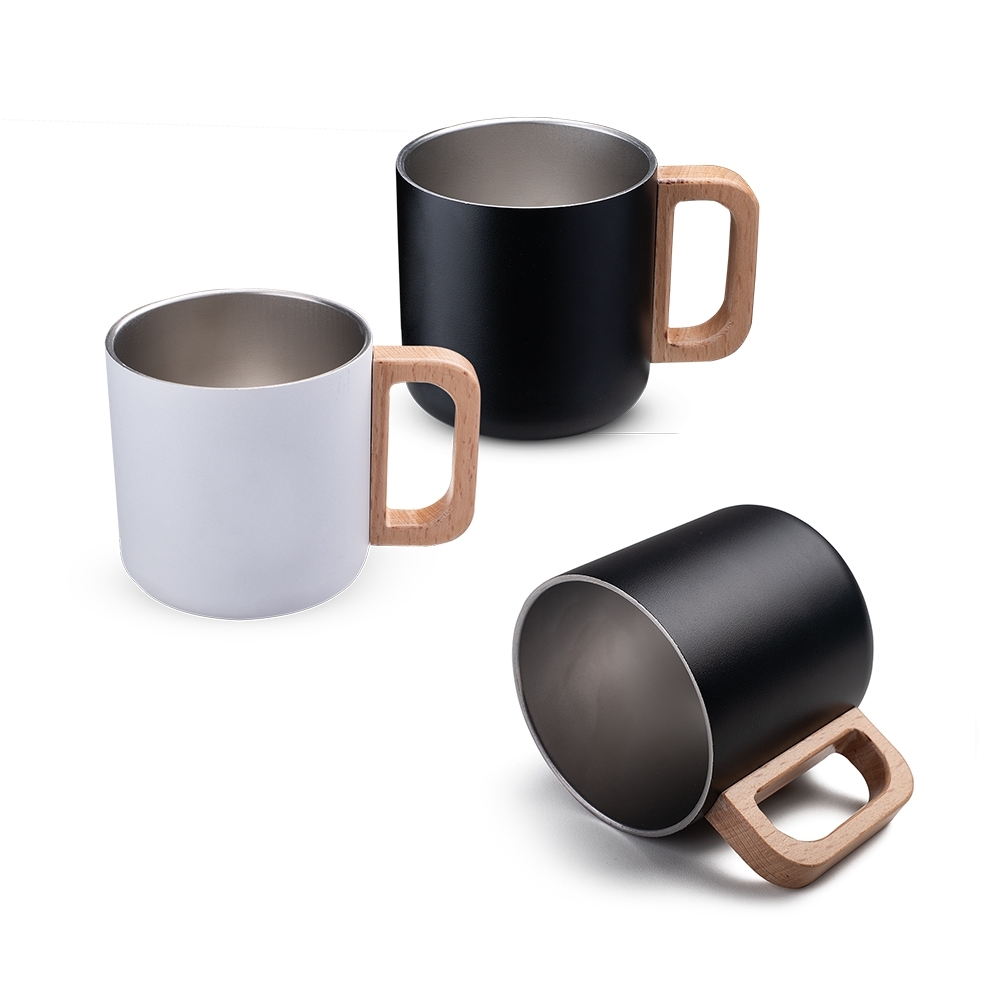 Caneca Térmica Inox 400ml com Alça de Madeira Personalizada