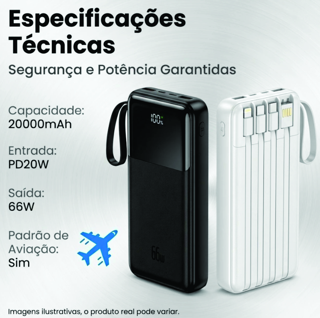 Carregador Power Bank 20000mah Portátil Display Digital 66W Carregamento Super Rápido Com 4 Cabos REAL