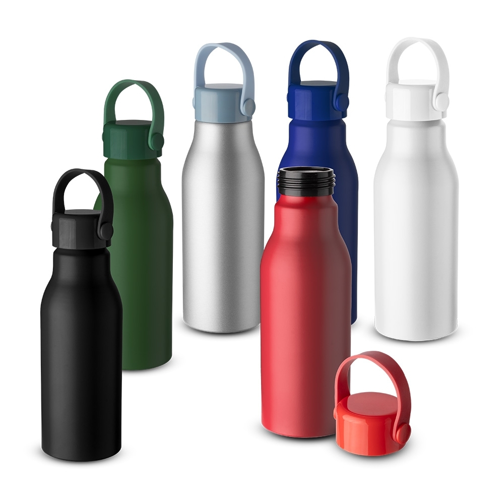 Garrafa de Alumínio 700ml com Tampa Plástica e Alça de Silicone Personalizada