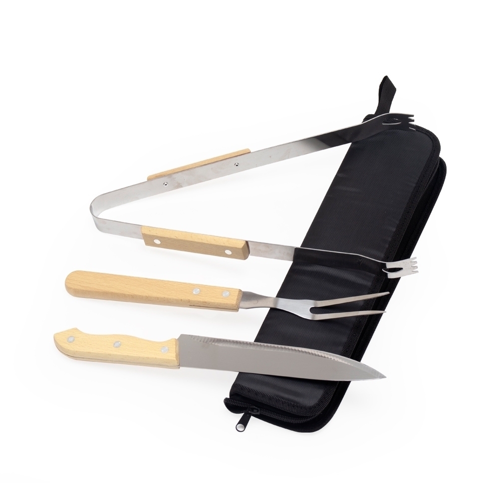 Kit Churrasco Personalizado 3 Peças em Inox com Cabo de Madeira e Estojo em Nylon