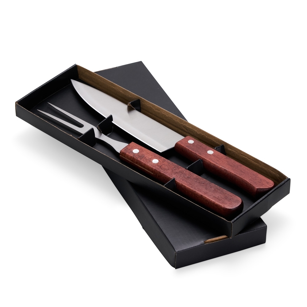 Kit Churrasco 2 Peças em Inox com Cabos de Madeira e Estojo Kraft Personalizado
