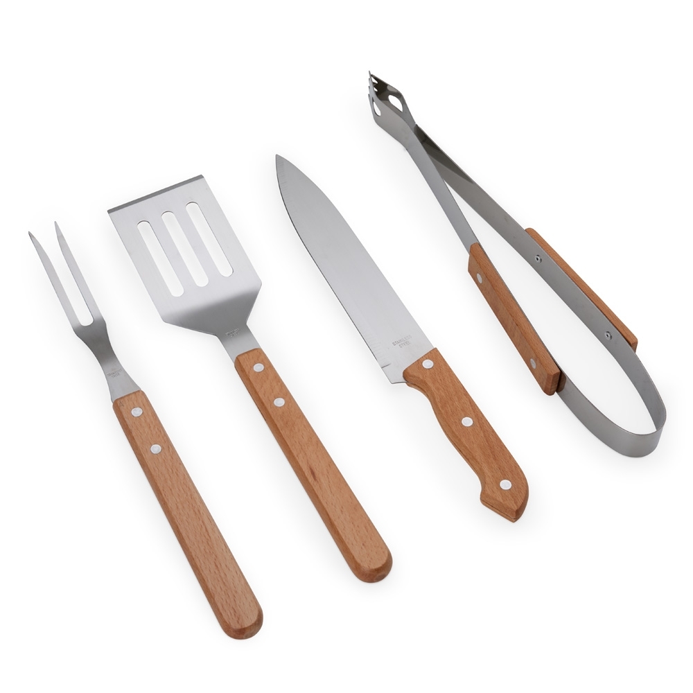 Kit Churrasco 4 Peças em Inox com Cabos de Madeira e Estojo de Nylon Personalizado