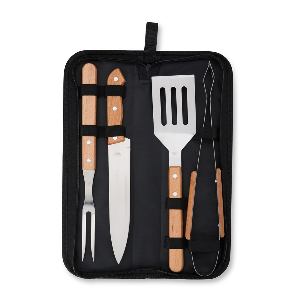 Kit Churrasco 4 Peças em Inox com Cabos de Madeira e Estojo de Nylon Personalizado