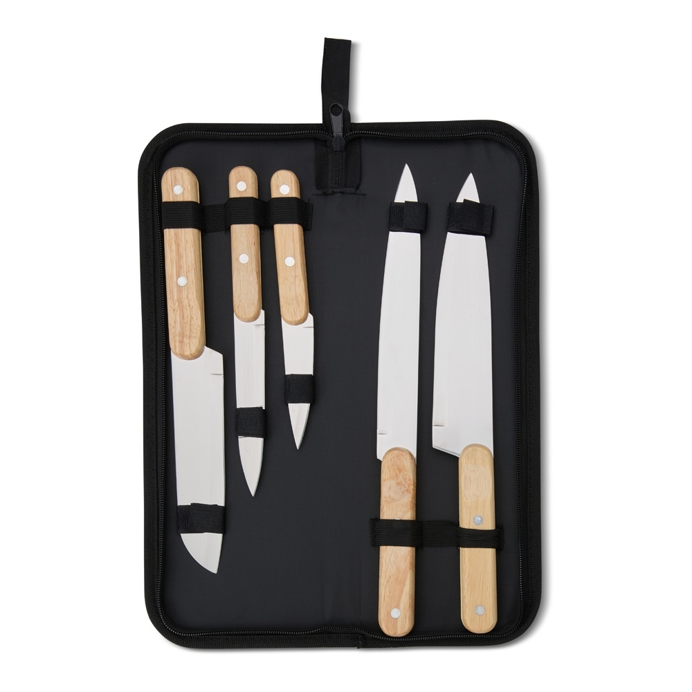 Kit Churrasco 5 Facas em Inox com Cabos de Madeira e Estojo de Nylon Personalizado