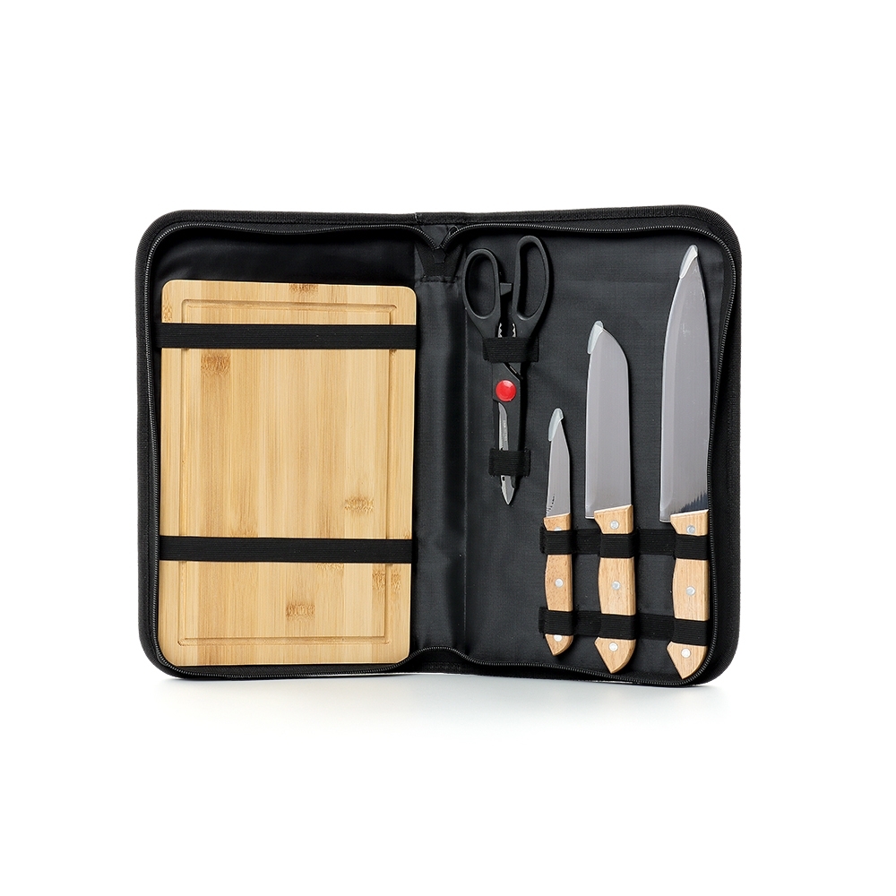 Kit Churrasco Personalizado 5 Peças com Tábua de Madeira e Estojo de Nylon