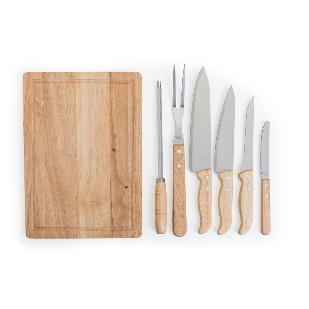 Kit Churrasco Personalizado 8 Peças em Bambu e Inox com Avental e Maleta em Nylon