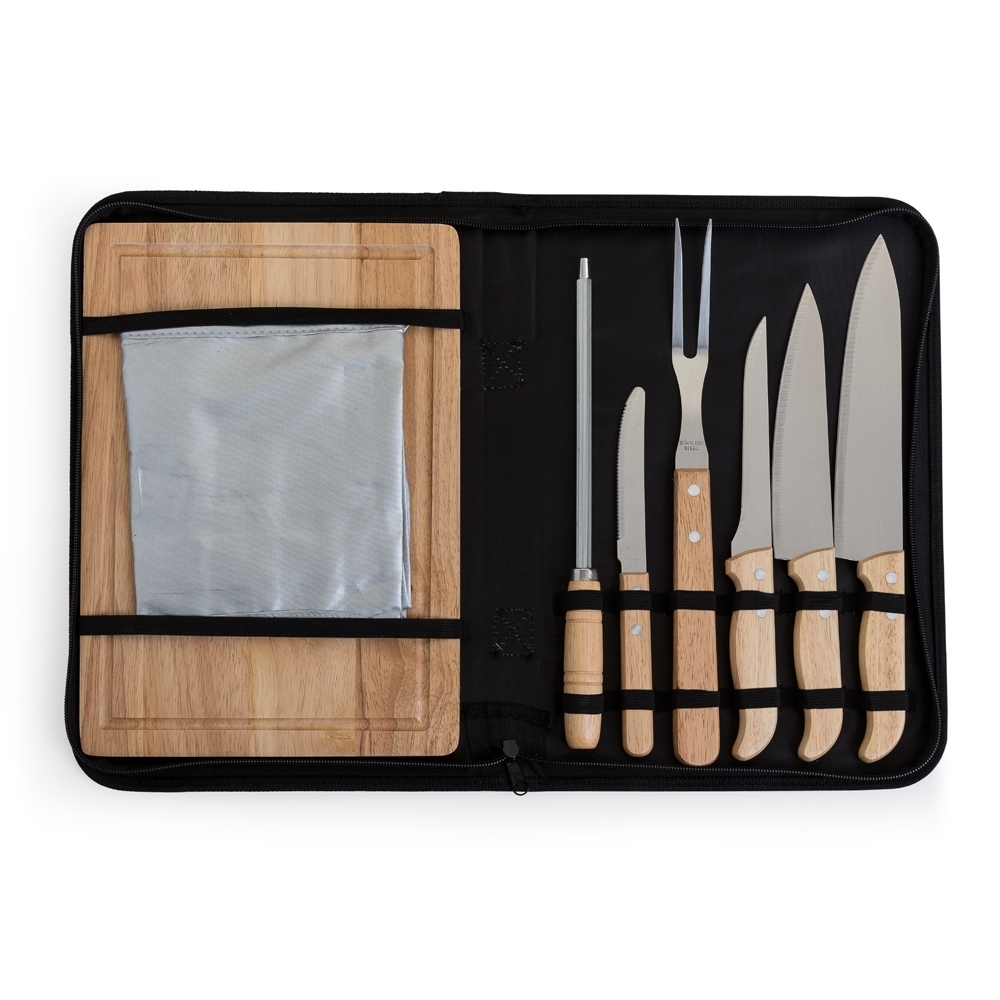 Kit Churrasco Personalizado 8 Peças em Bambu e Inox com Avental e Maleta em Nylon