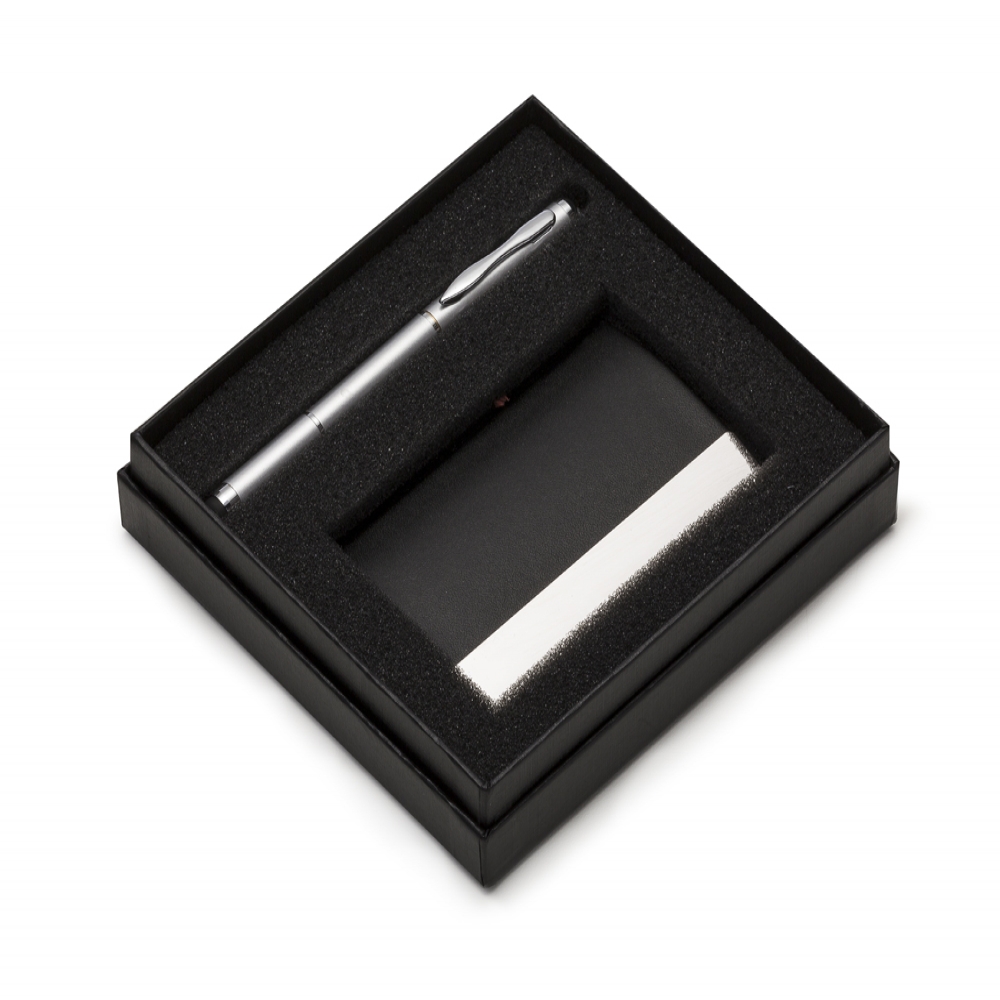 Kit Executivo 2 Peças — Caneta Metal com Laser, Lanterna e Touch + Porta Cartão em Couro Sintético