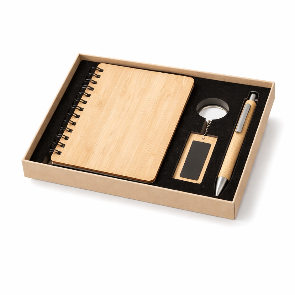Kit Executivo Ecológico Personalizado em Bambu com Caderno, Caneta e Chaveiro