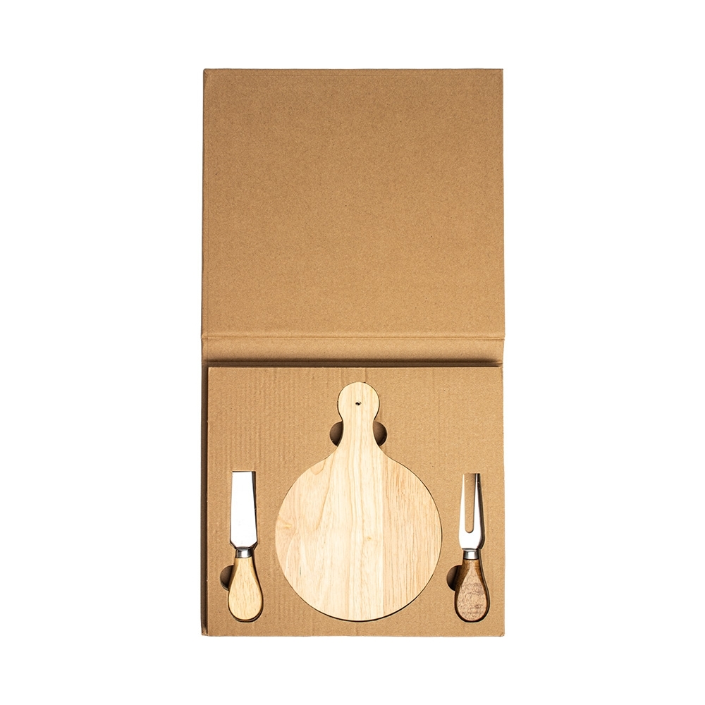 Kit Queijo 3 Peças com Tábua Redonda em Estojo Kraft Personalizado