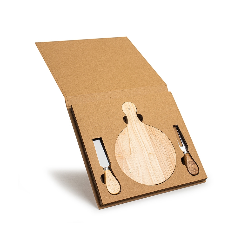 Kit Queijo 3 Peças com Tábua Redonda em Estojo Kraft Personalizado