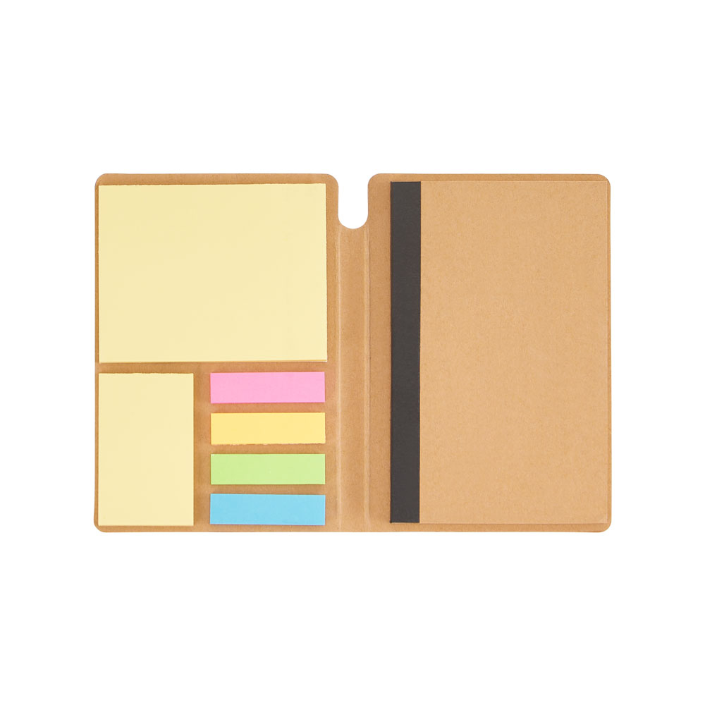 Mini caderno com elástico, sticky notes, miolo sem pauta na cor bege com 48 folhas.