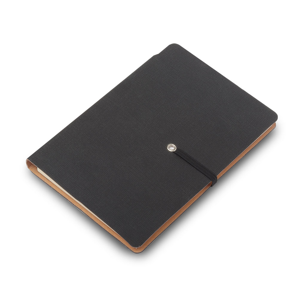 Mini caderno com elástico, sticky notes, miolo sem pauta na cor bege com 48 folhas.