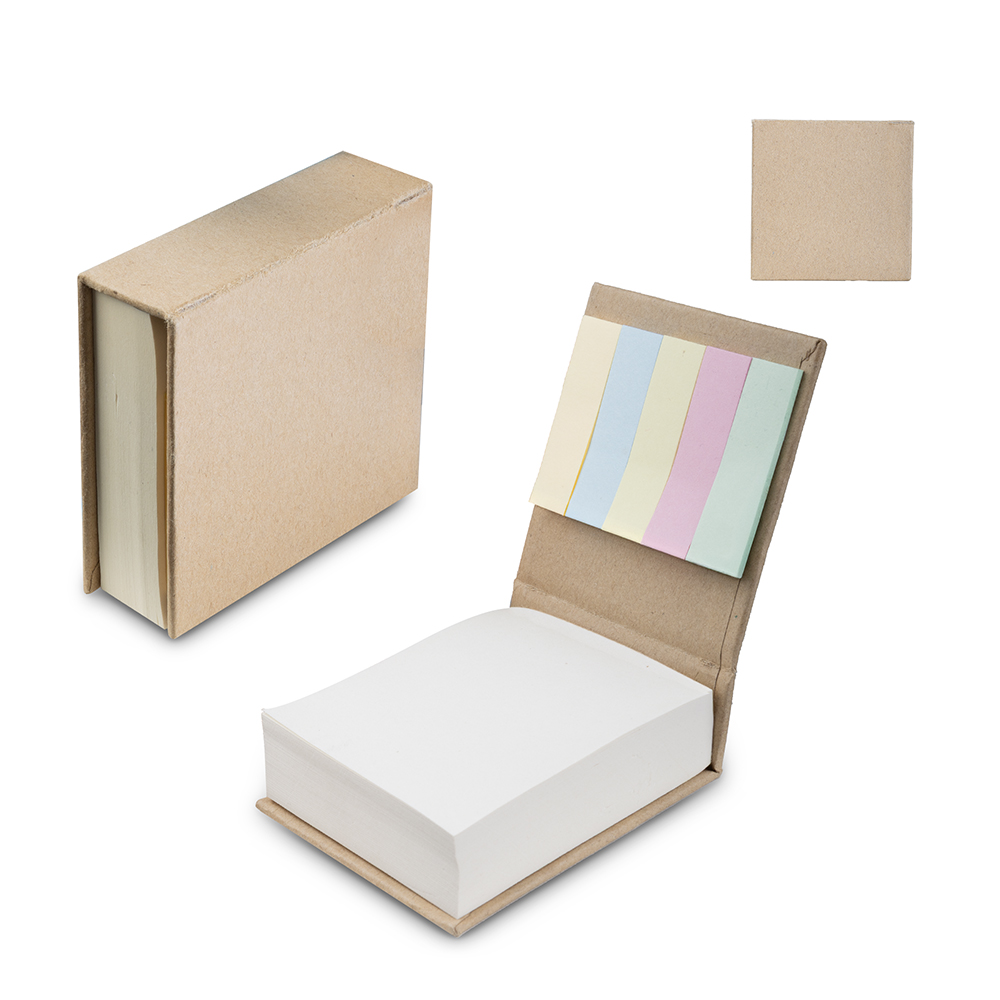 Mini caderno em papel kraft, com 200 folhas brancas e 5 blocos autocolantes coloridos.