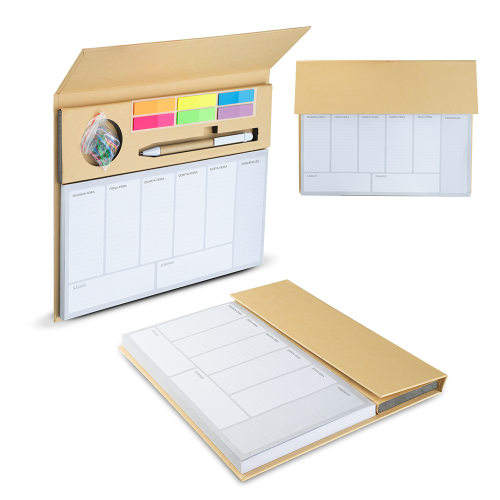 Mini Caderno Kraft com Planejamento Semanal, Sticky Notes e Caneta Personalizado