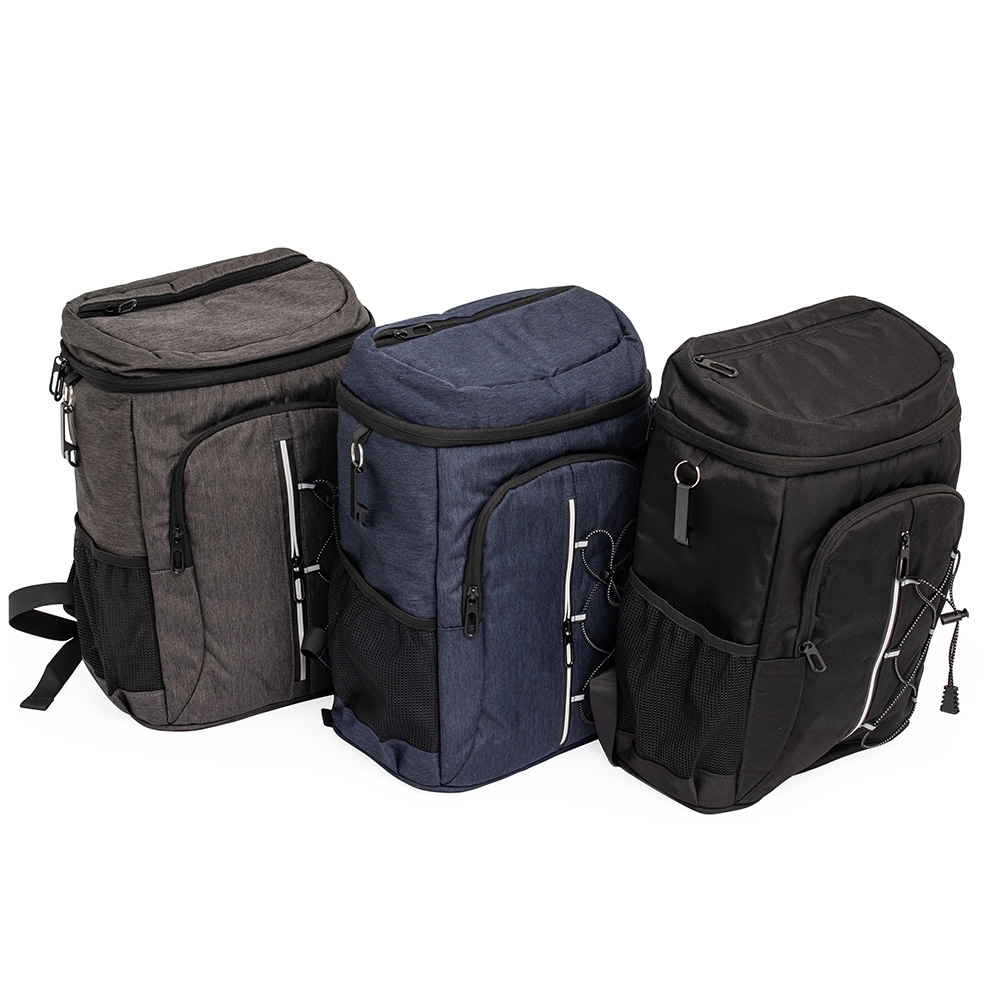 Mochila térmica Personalizada 30 litros em Oxford resistente à água com compartimentos térmicos, faixa refletiva e abridor de garrafas